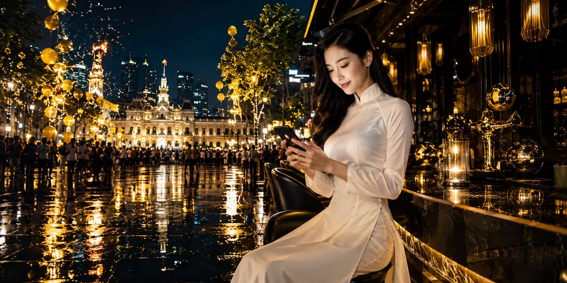 Người dùng chơi mobile casino mặc áo dài tại Hồ Chí Minh
