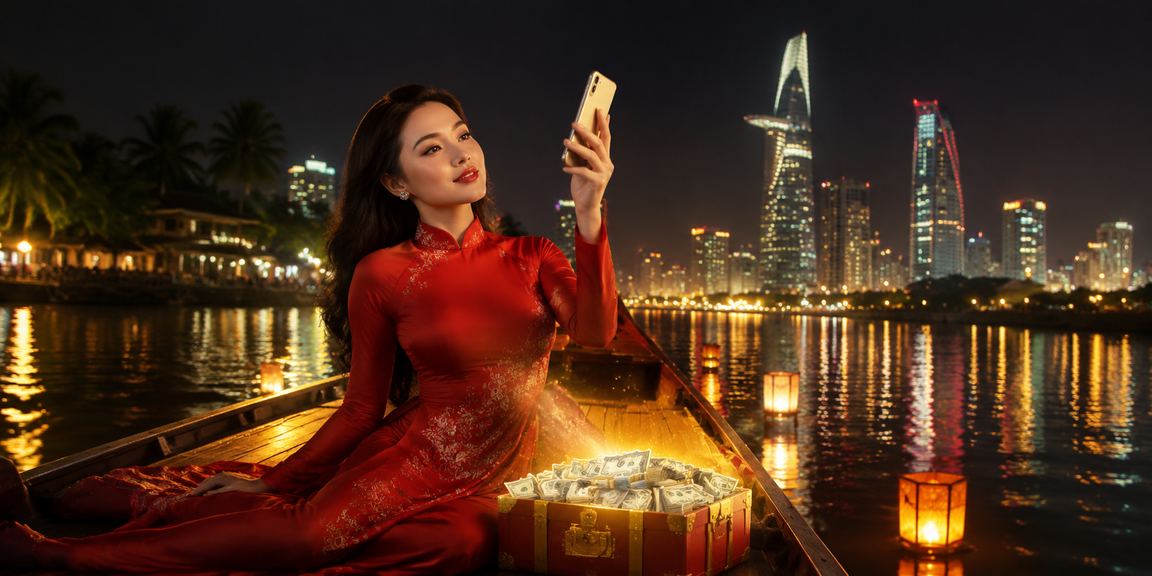 Người chơi mobile casino mặc áo dài trên vùng đồng bằng Mekong