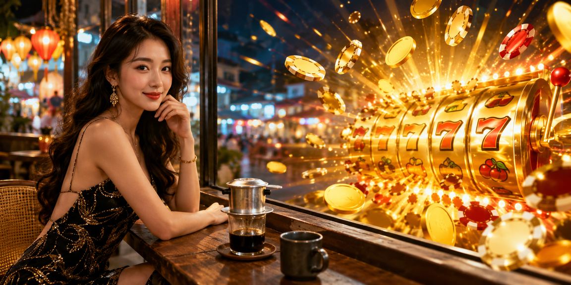 Người dùng ngồi cà phê tại Nha Trang chơi slots trên điện thoại với không khí thư giãn